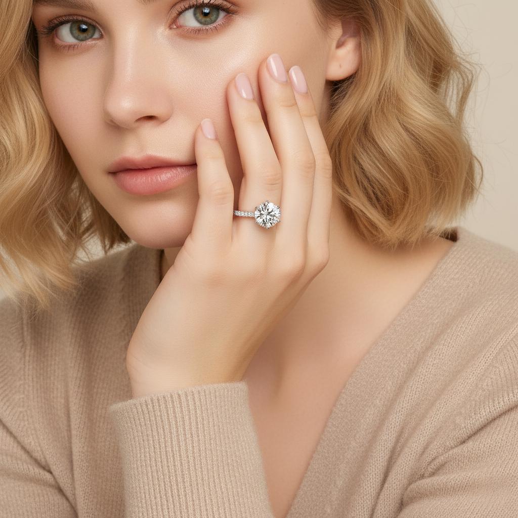 Round Moissanite Solitaire Engagement Ring with 6 Prongs in Micro Pave Setting (3 - 5ct. ) - La Pretti