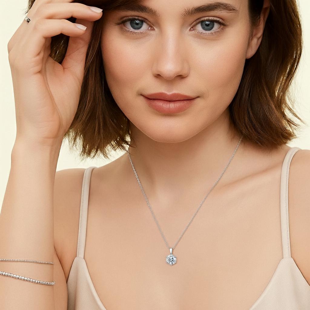 Round Moissanite Solitaire Pendant Necklace in 6 Prongs with Standard Bail (1 - 3ct. ) - La Pretti