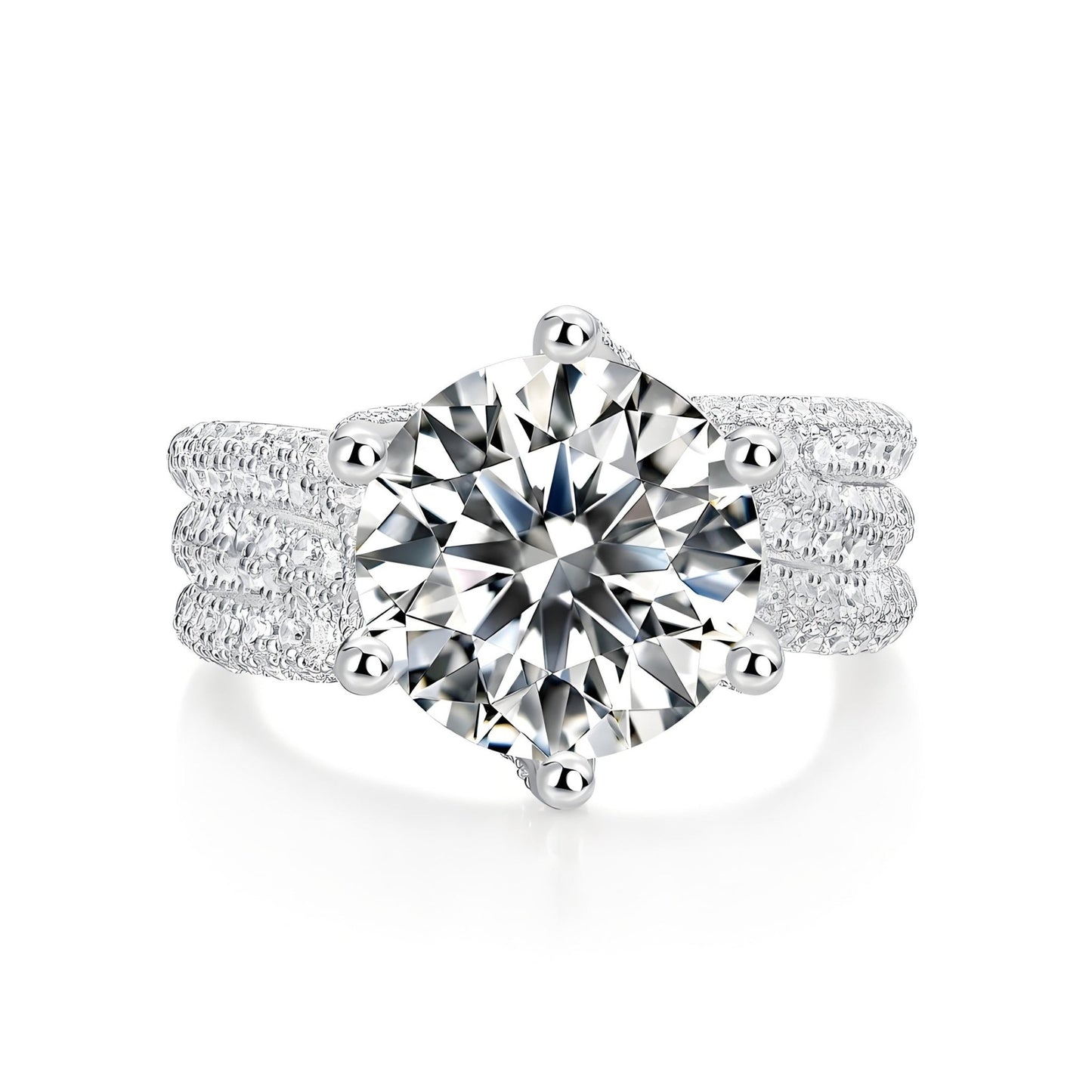 Round Moissanite Solitaire Engagement Ring in Three Row Fully Paved Band (5ct. ) - La Pretti