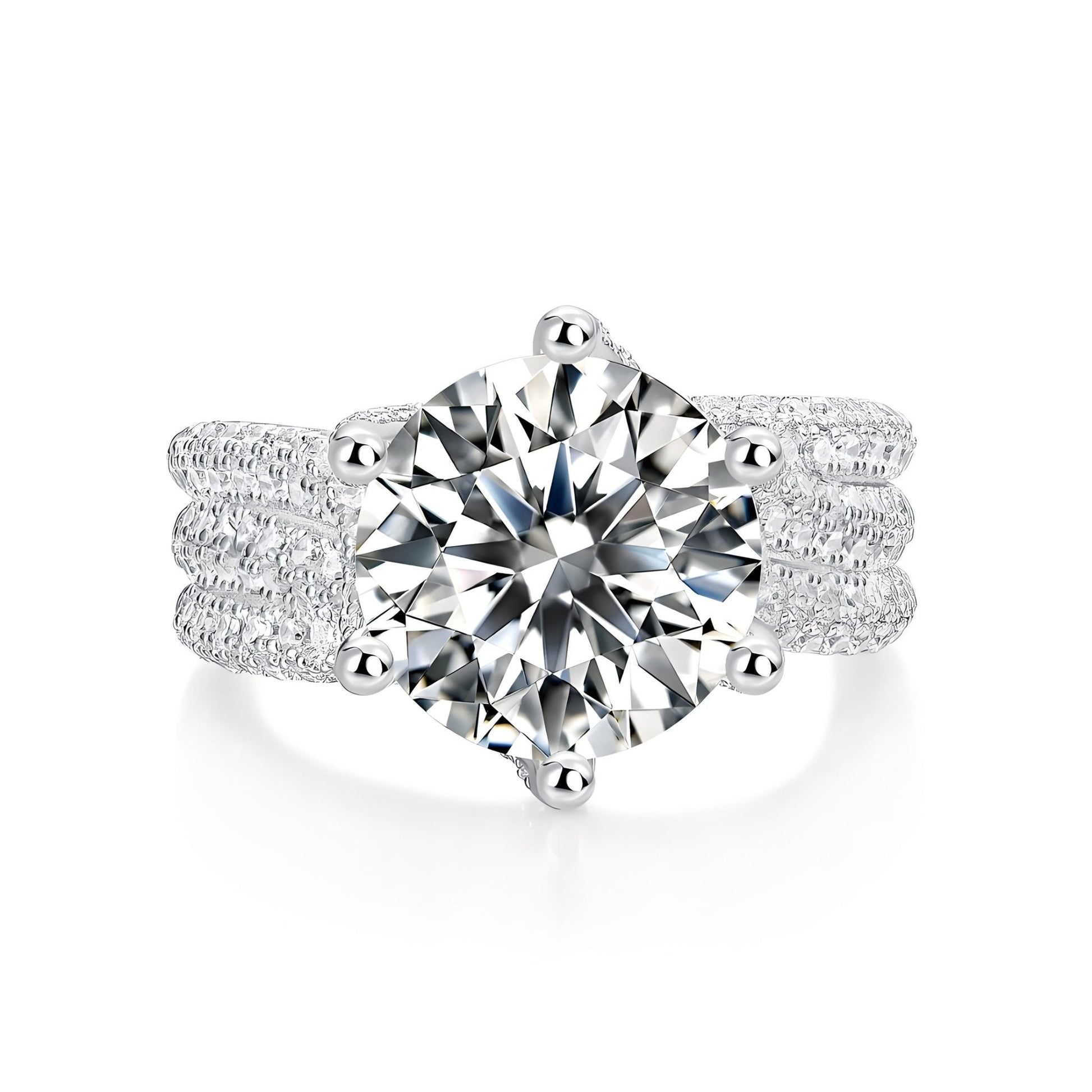 Round Moissanite Solitaire Engagement Ring in Three Row Fully Paved Band (5ct. ) - La Pretti