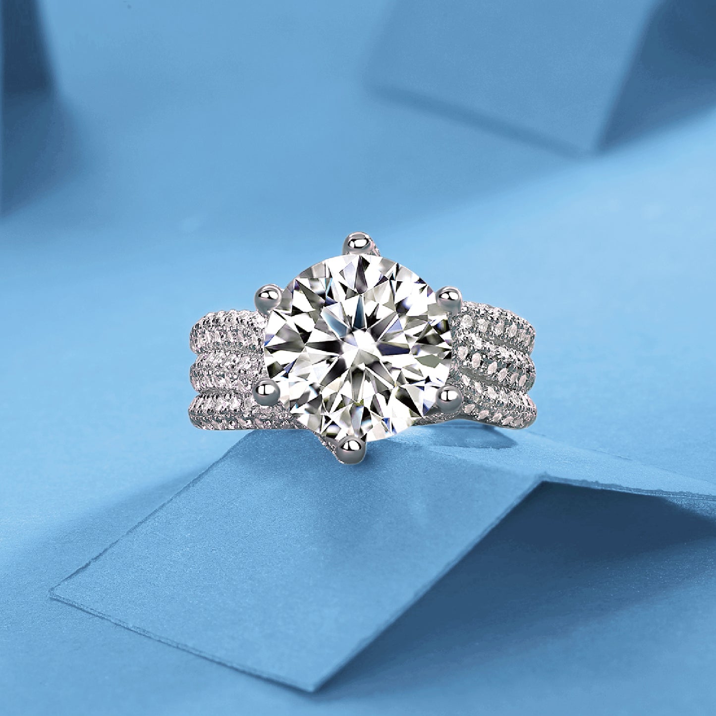 Round Moissanite Solitaire Engagement Ring in Three Row Fully Paved Band (5ct. ) - La Pretti