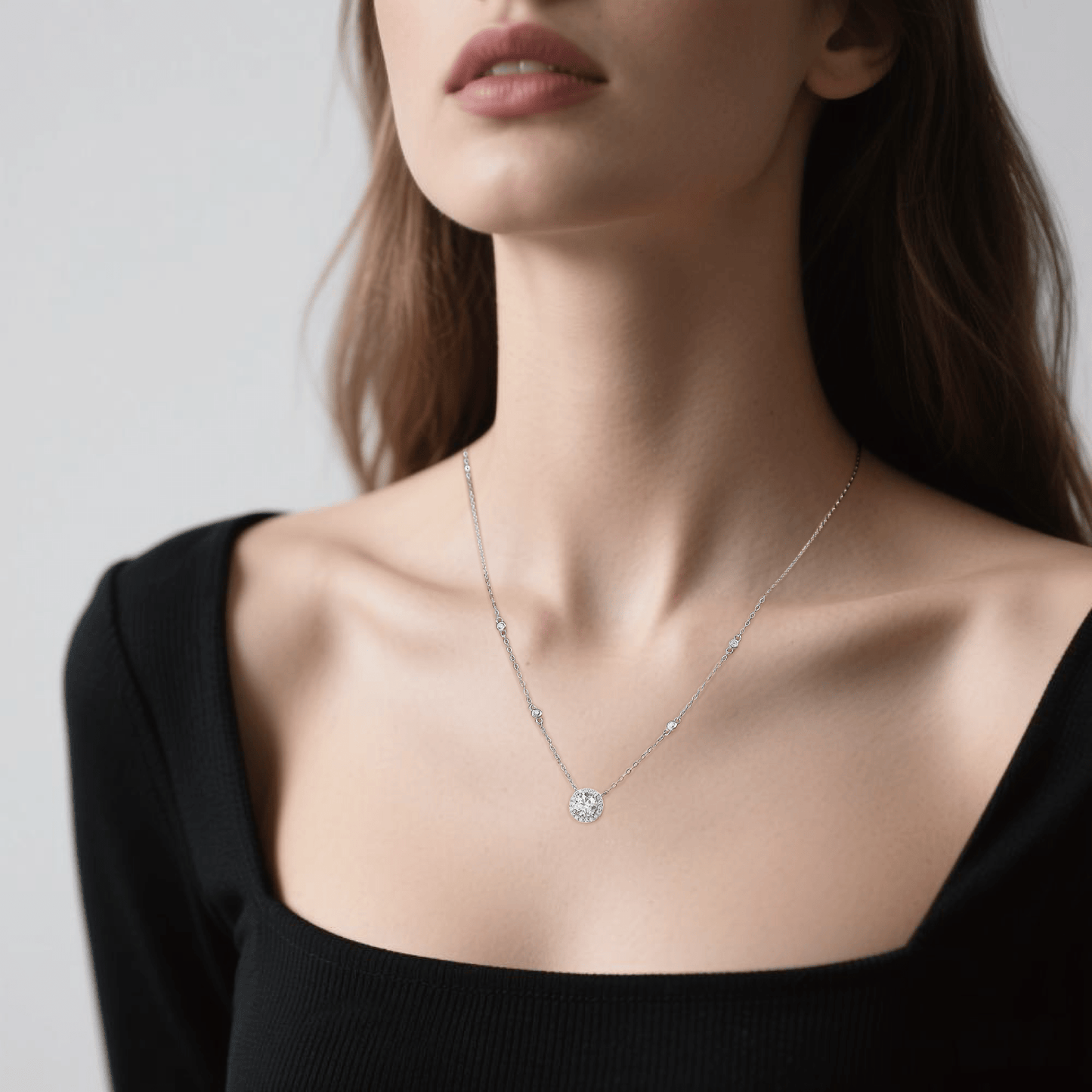 Station Moissanite Round Pendant Necklace in Seamless Halo Setting (1 - 3ct. ) - La Pretti