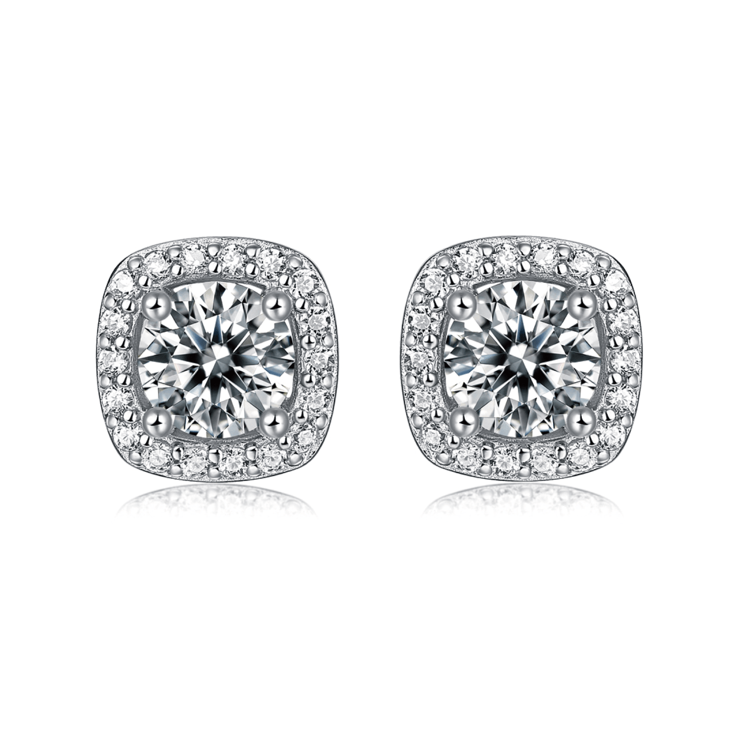 Square Moissanite Stud Earrings with Halos in 18K White Gold Plated Sterling Silver (1 - 2ct. ) - La Pretti