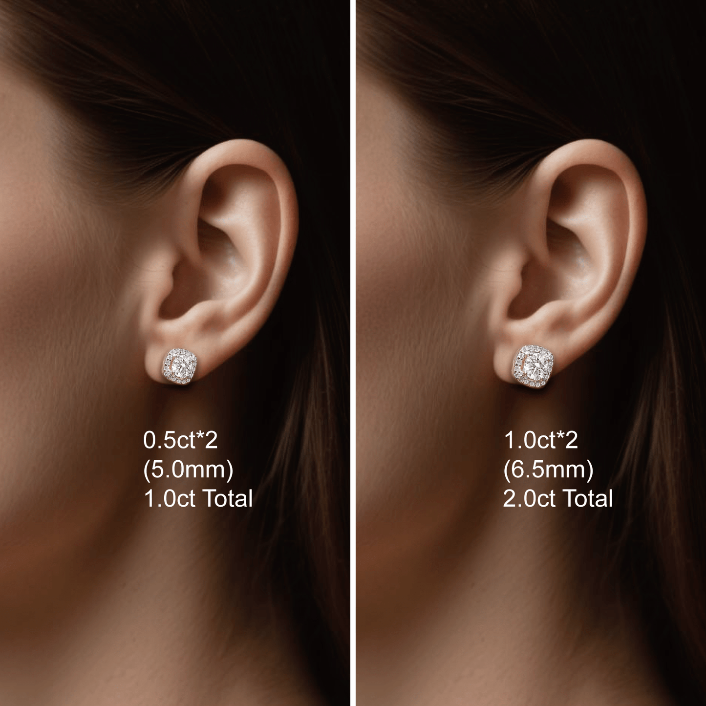 Square Moissanite Stud Earrings with Halos in 18K White Gold Plated Sterling Silver (1 - 2ct. ) - La Pretti