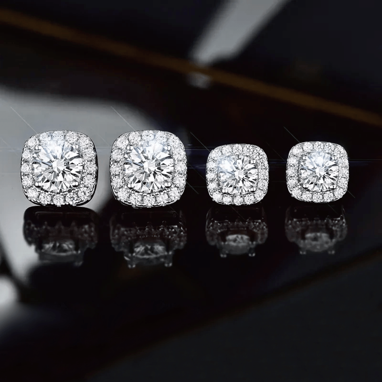 Square Moissanite Stud Earrings with Halos in 18K White Gold Plated Sterling Silver (1 - 2ct. ) - La Pretti