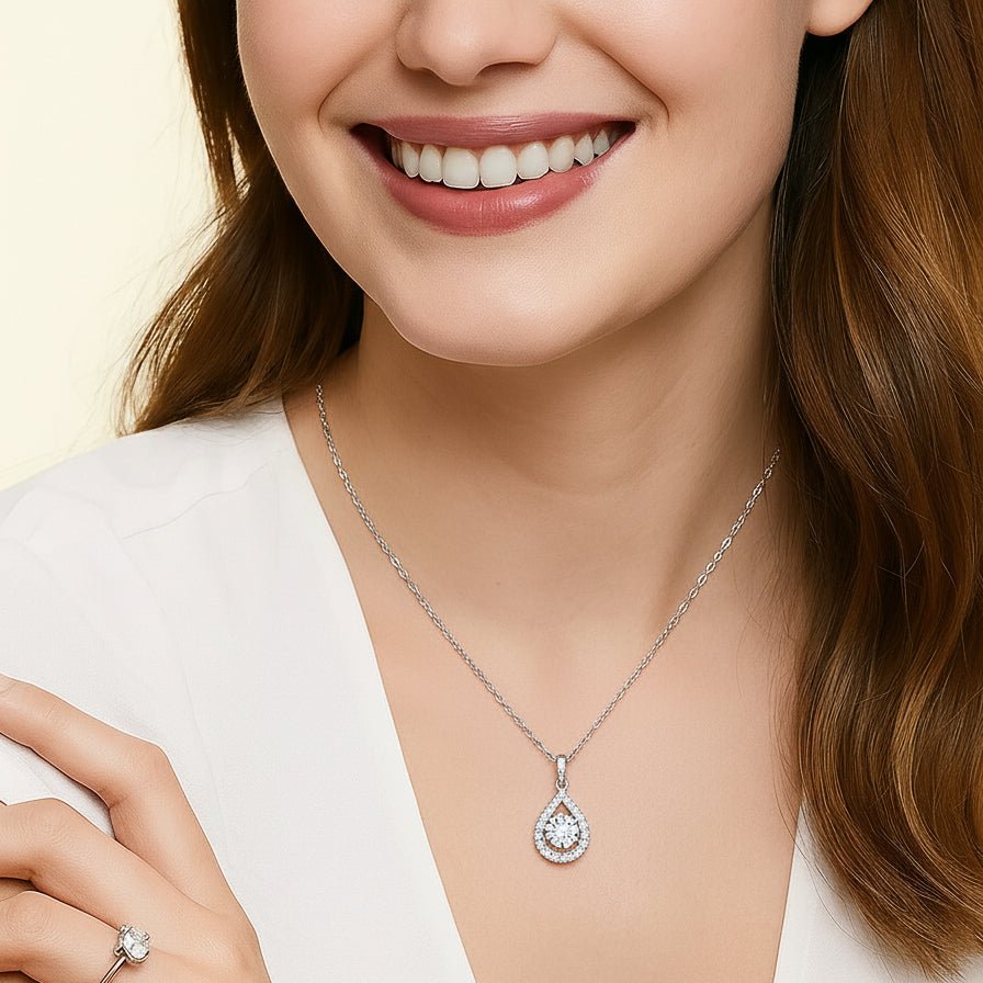 Teardrop Halo Moissanite Round Pendant Necklace in Floating Channel with Halo Bail (1ct. ) - La Pretti