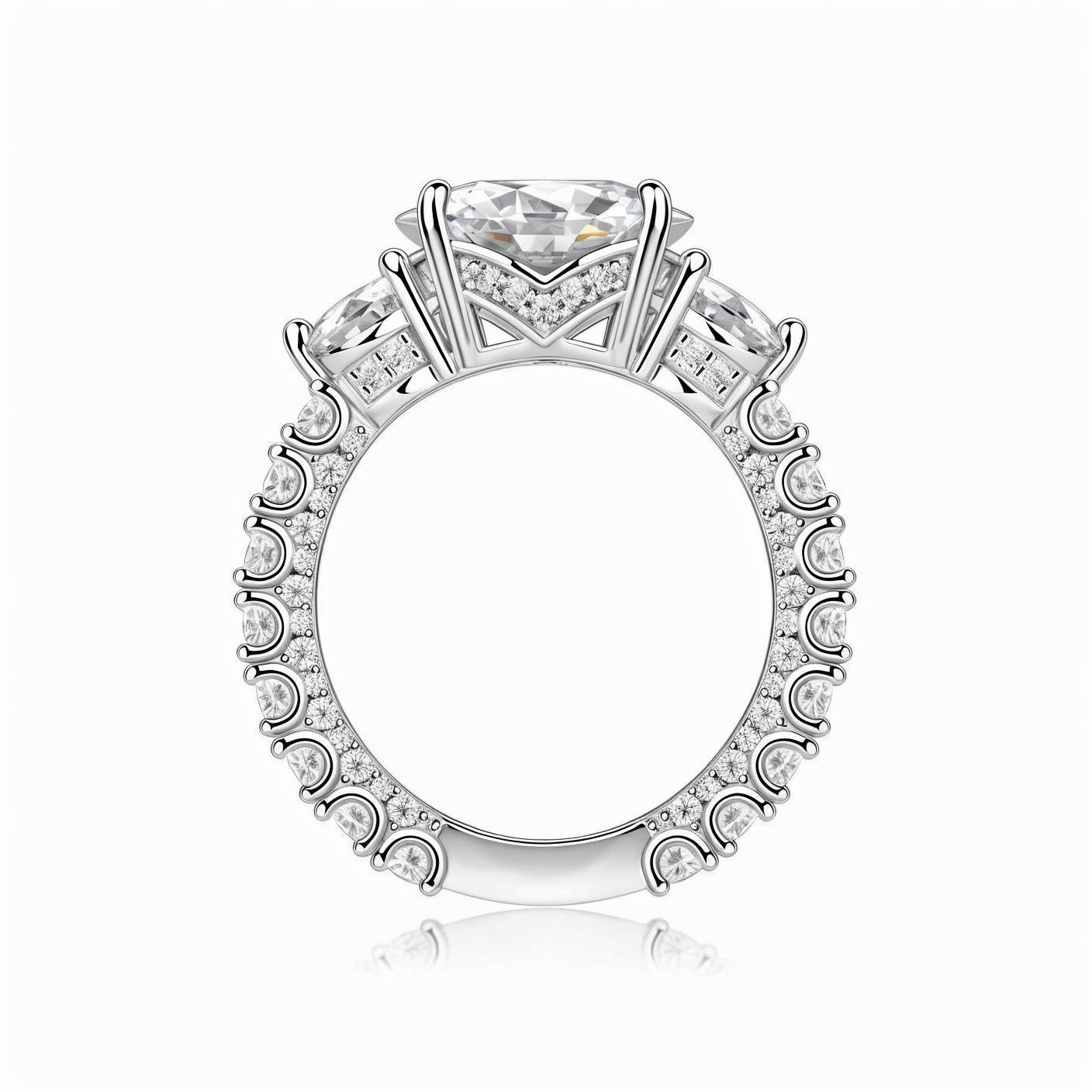 Trilogy Round Moissanite Three Stone Engagement Ring with Hidden Halo in Baskets Pave Setting (5ct. ) - La Pretti