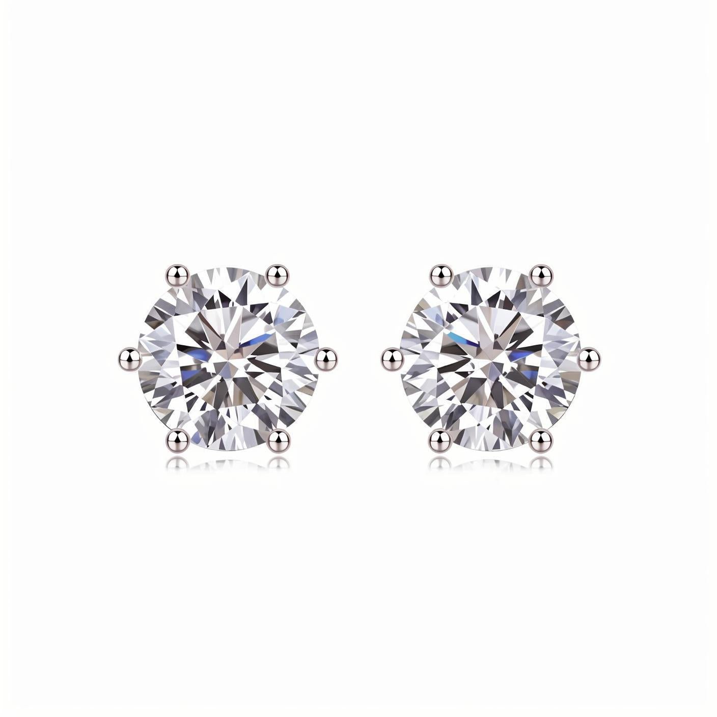 Round Moissanite Stud Earrings with 6 Prongs in 18K White Gold Plated Sterling Silver (1 - 6ct. ) - La Pretti