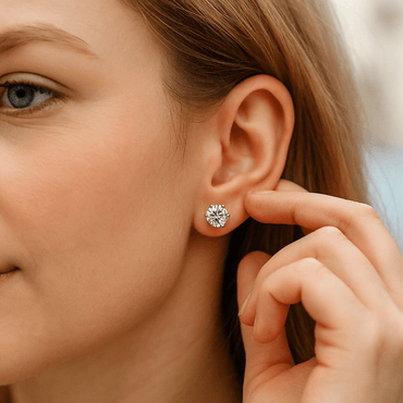 Round Moissanite Stud Earrings with 6 Prongs in 18K White Gold Plated Sterling Silver (1 - 6ct. ) - La Pretti