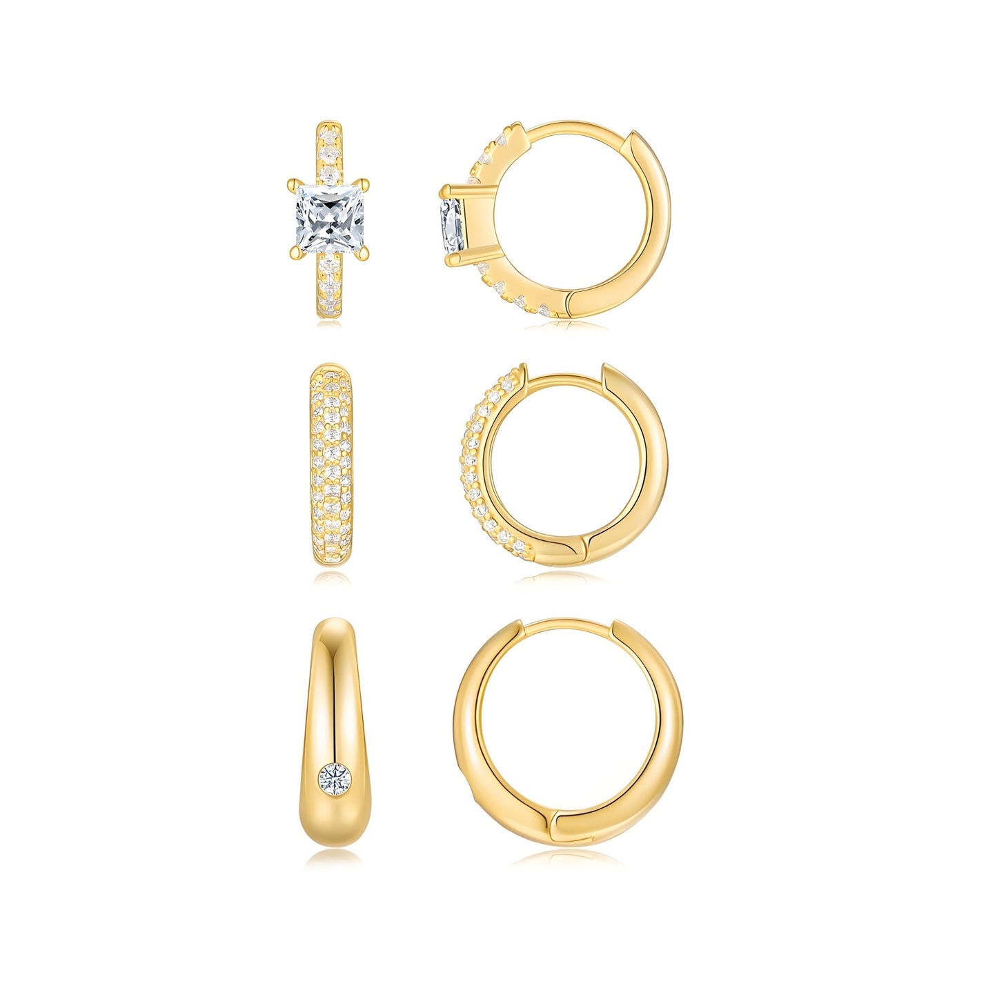 Golden Hoop Earrings Moisssanite 3 Huggie Pairs Set - La Pretti
