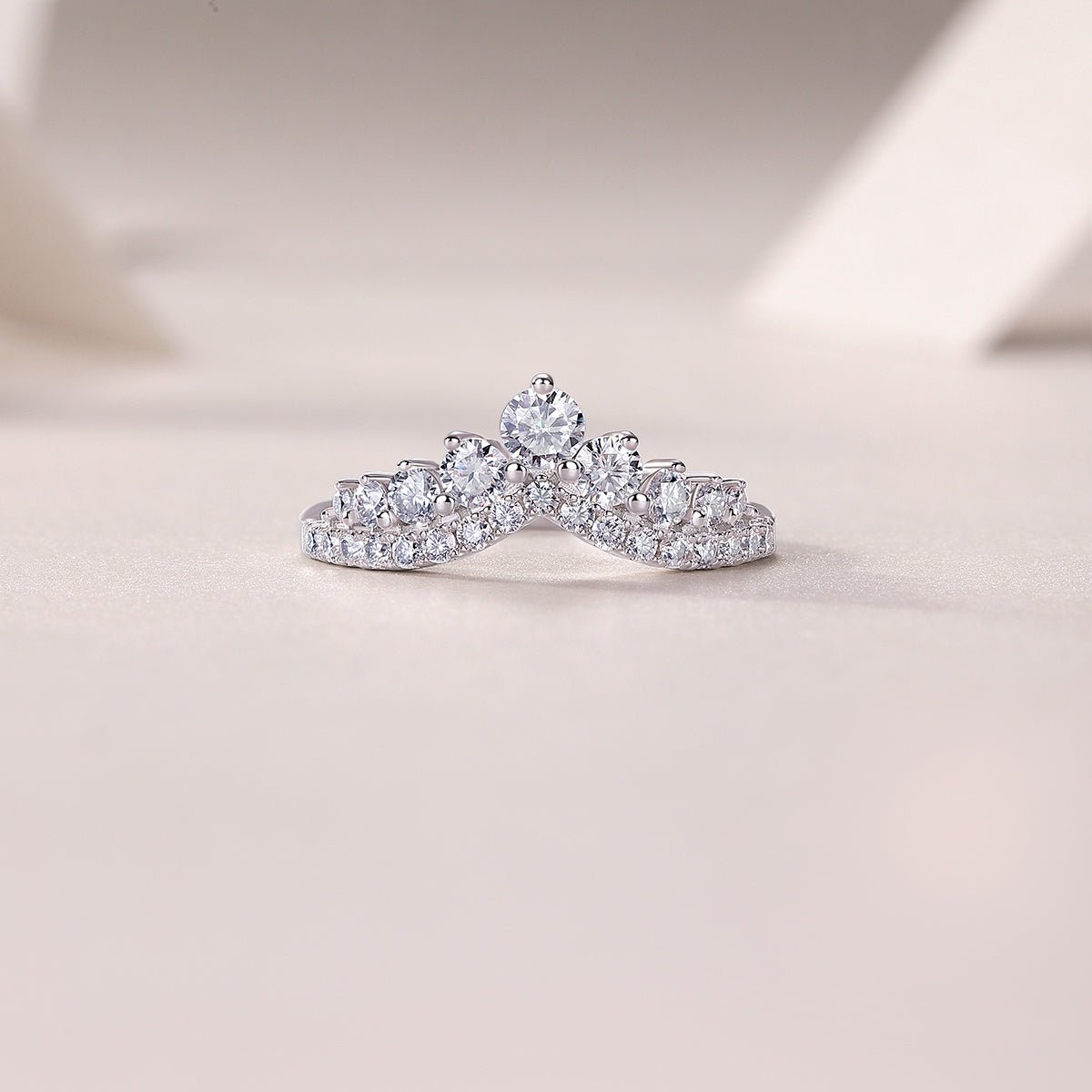 Tiara Moisssanite Wishbone Ring of Chevron Wedding Bands with Stackable Crown in Double Pave Setting - La Pretti