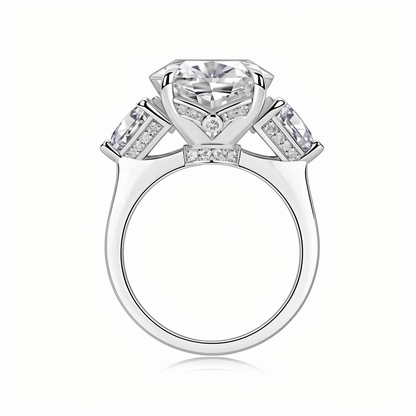 Elongated Oval Cut Moissanite Three Stone Engagement Ring with Hidden Halo in Baskets Setting (12ct. ) - La Pretti