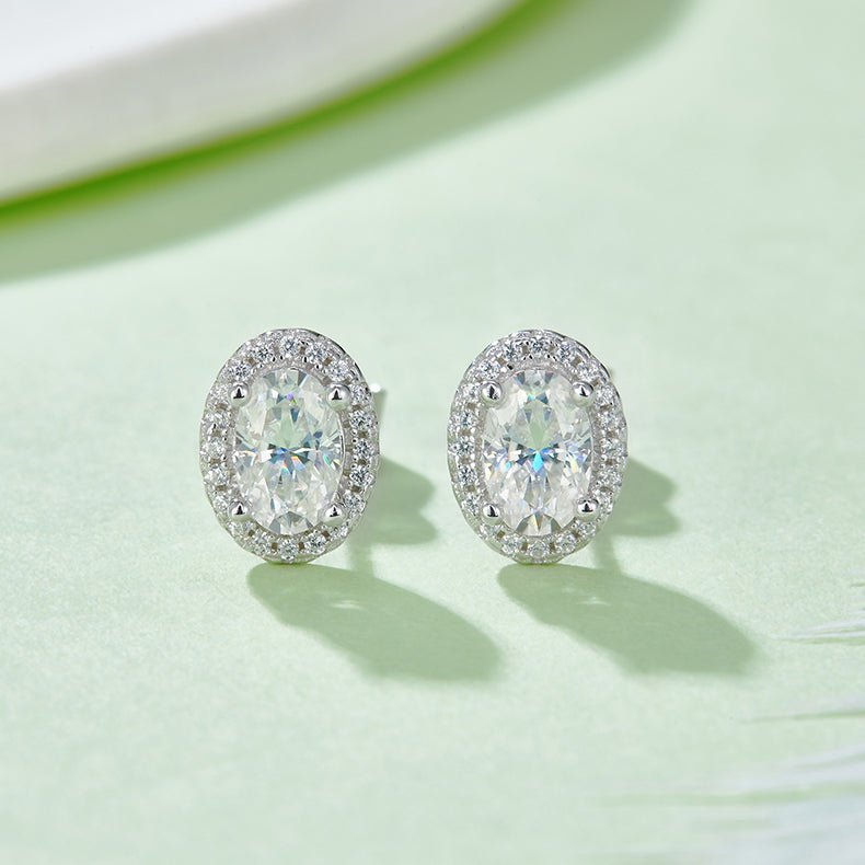 Oval Halo Moissanite Stud Earrings 18K White Gold Plated Sterling Silver - La Pretti