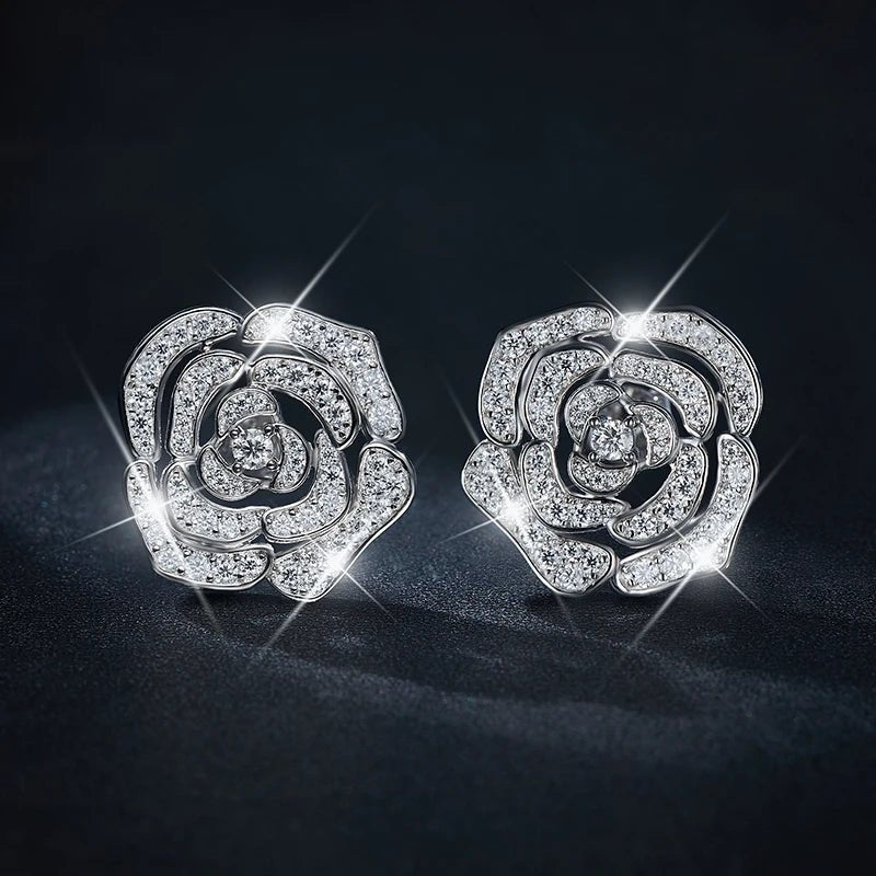 Pave Rose Filigree Moissanite Stud Earrings with Round Center Stone - La Pretti