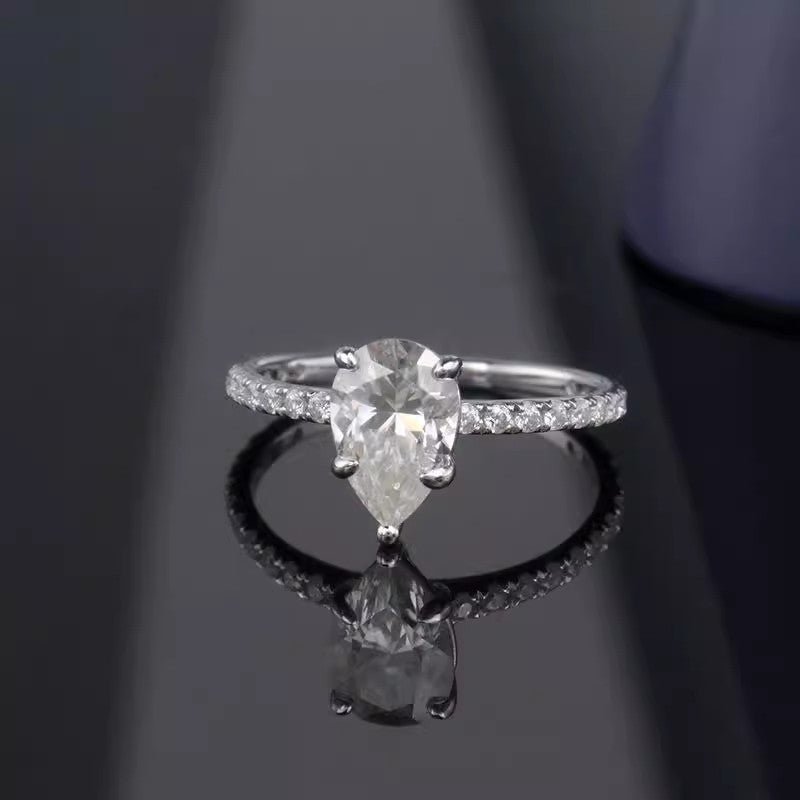 Pear Shaped Moissanite Solitaire Engagement Ring in Pave Setting (5ct. ) - La Pretti