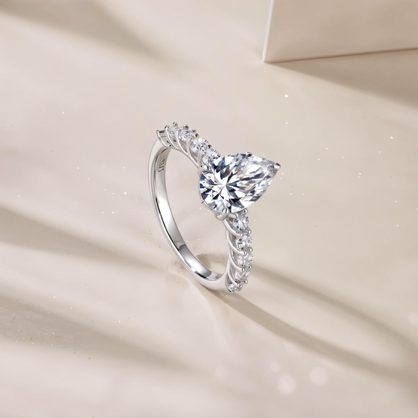 Pear Shaped Moissanite Solitaire Engagement Ring in Pave Setting (3ct. ) - La Pretti