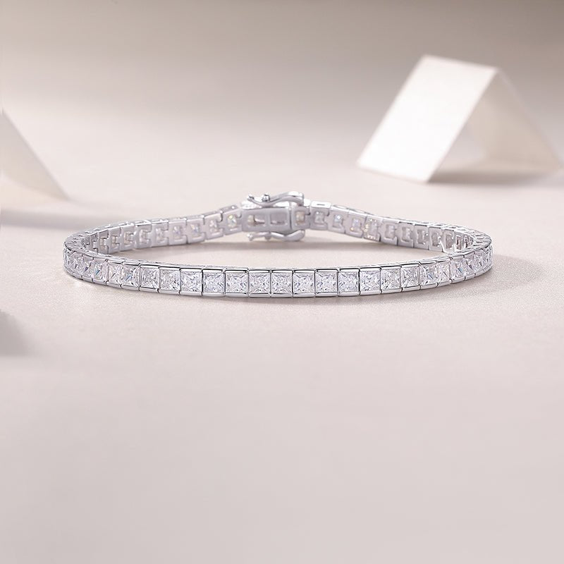 Princess Cut Moissanite Tennis Bracelet in Half Bezel Channel Setting with Tab - inserted Clasp - La Pretti