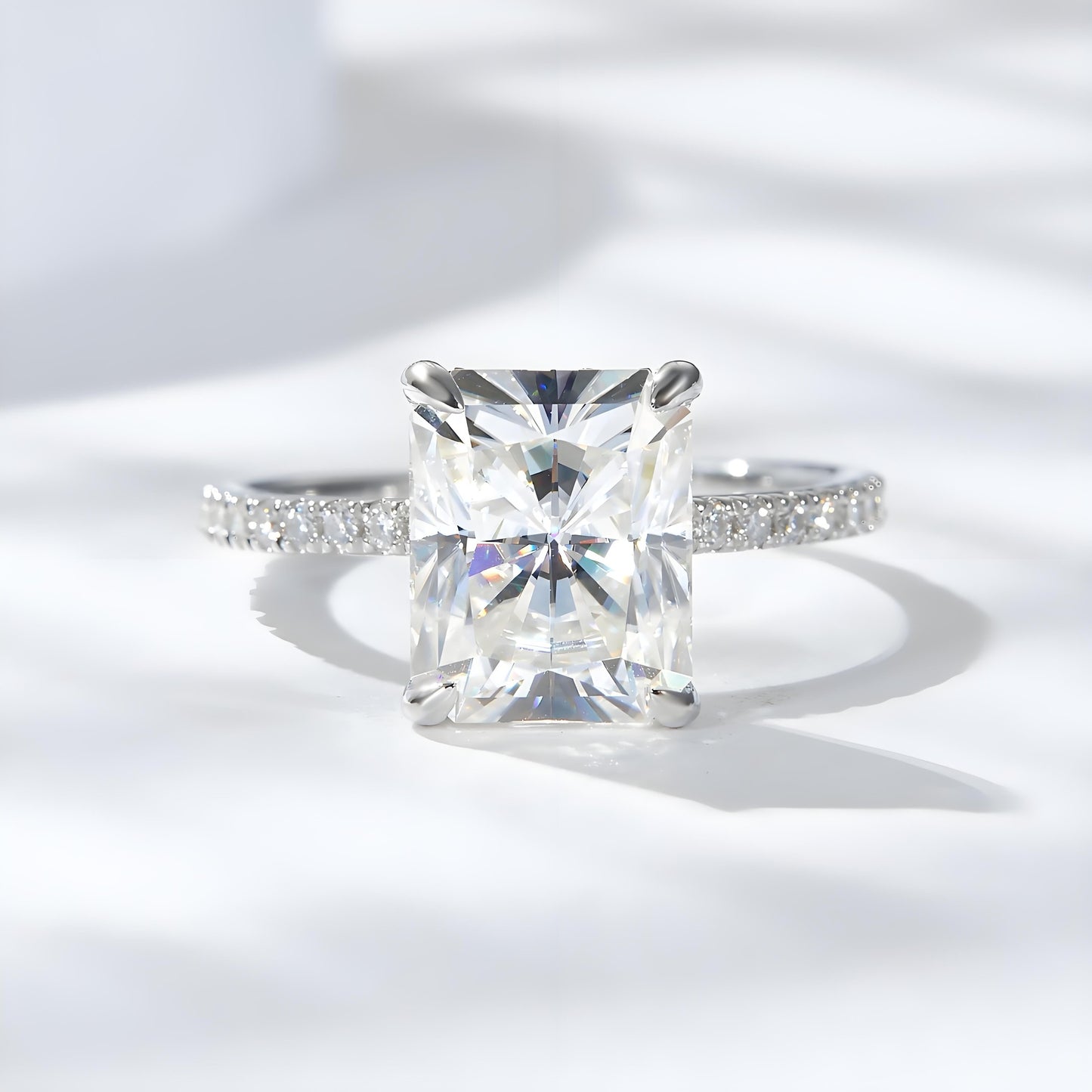 Radiant Moissanite Solitaire Engagement Ring in Pave Setting (3ct. ) - La Pretti