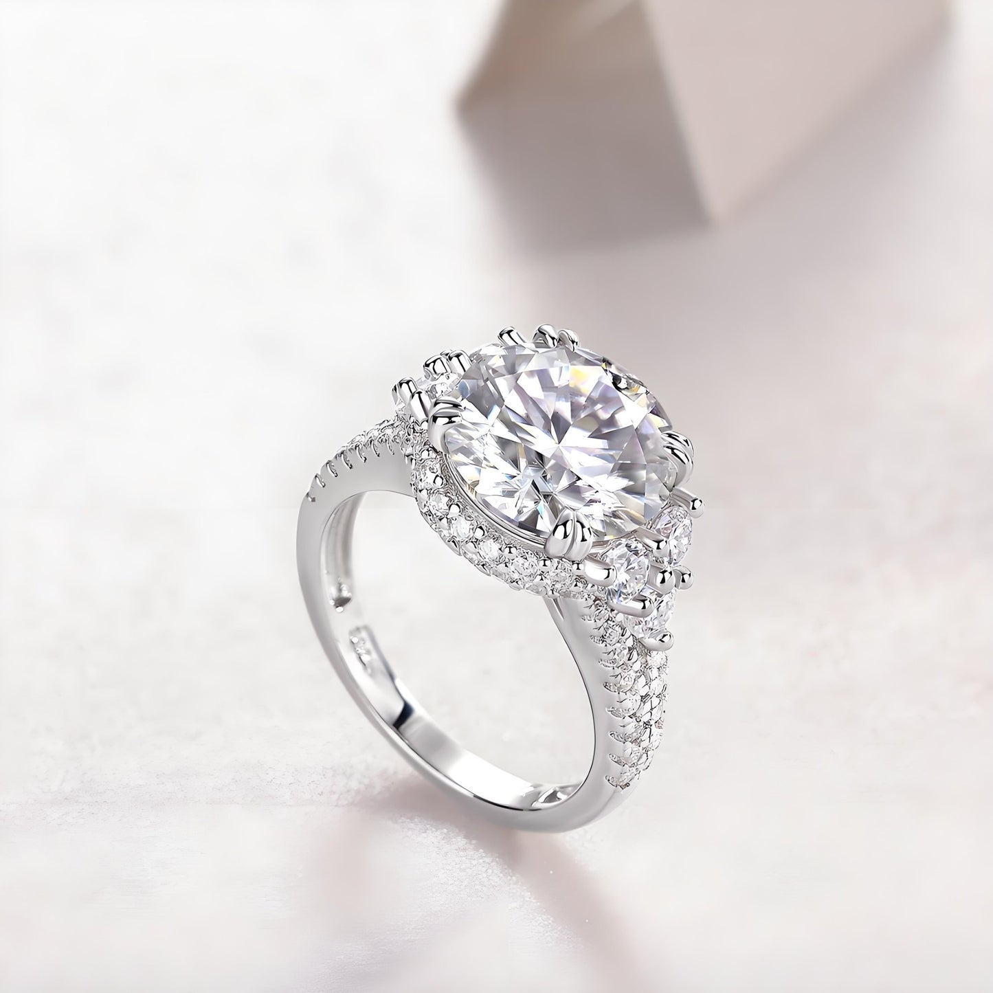 Round Moissanite Halo Engagement Ring with Shoulder Cluster in Pave Setting (5ct. ) - La Pretti
