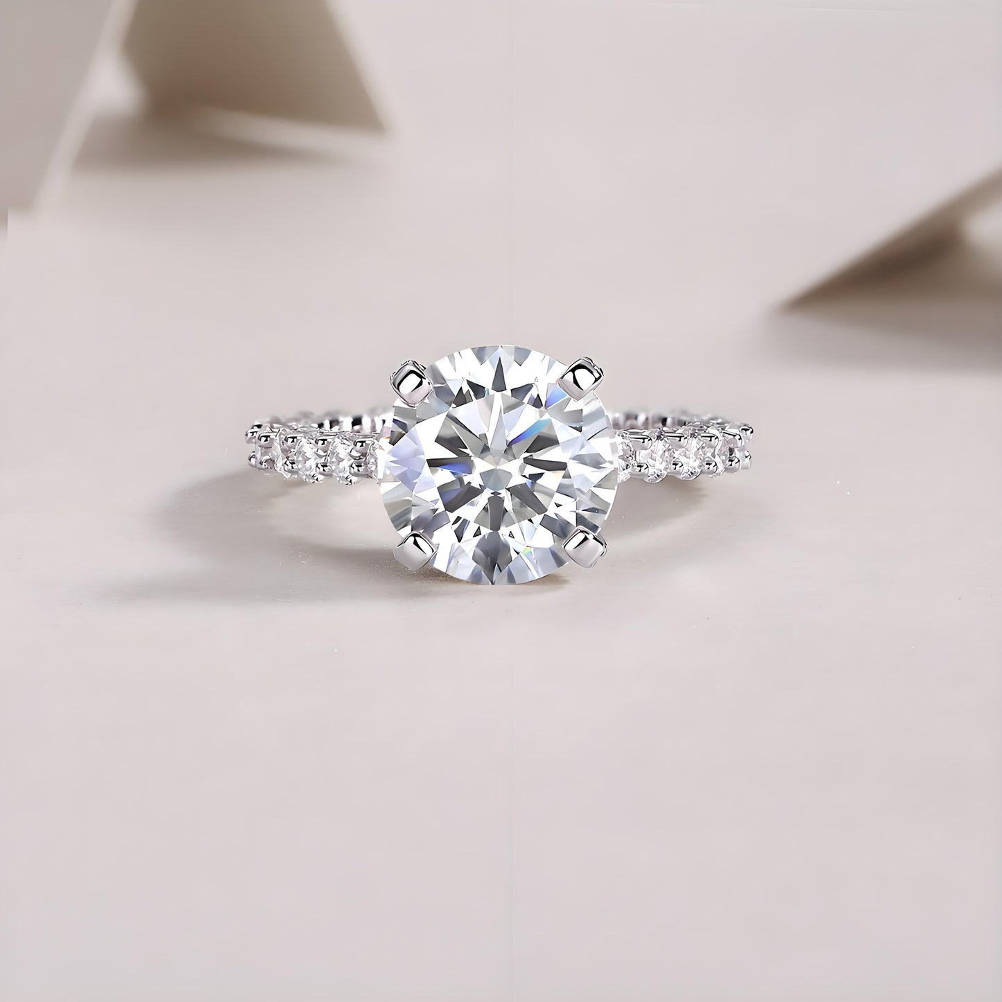 Round Solitaire Moissanite Hidden Halo Engagement Ring in Cathedral Scalloped Pave Setting (5ct. ) - La Pretti