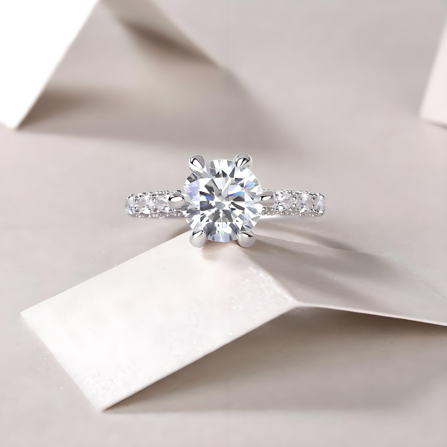 Round Moissanite Solitaire Engagement Ring with 6 Prongs in Paved Band (2 - 3ct. ) - La Pretti