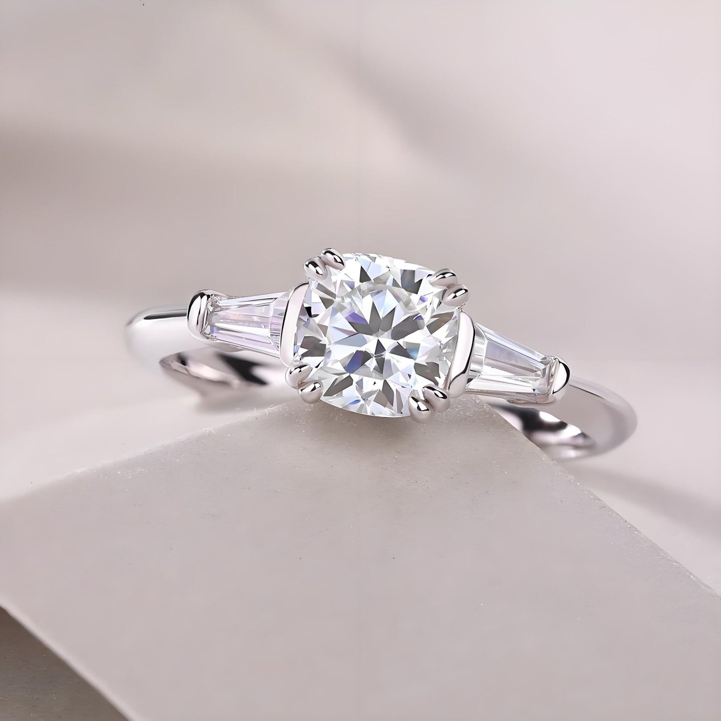 Round Moissanite Three Stone Engagement Ring with Tapered Baguette Side Stones (3ct. ) - La Pretti