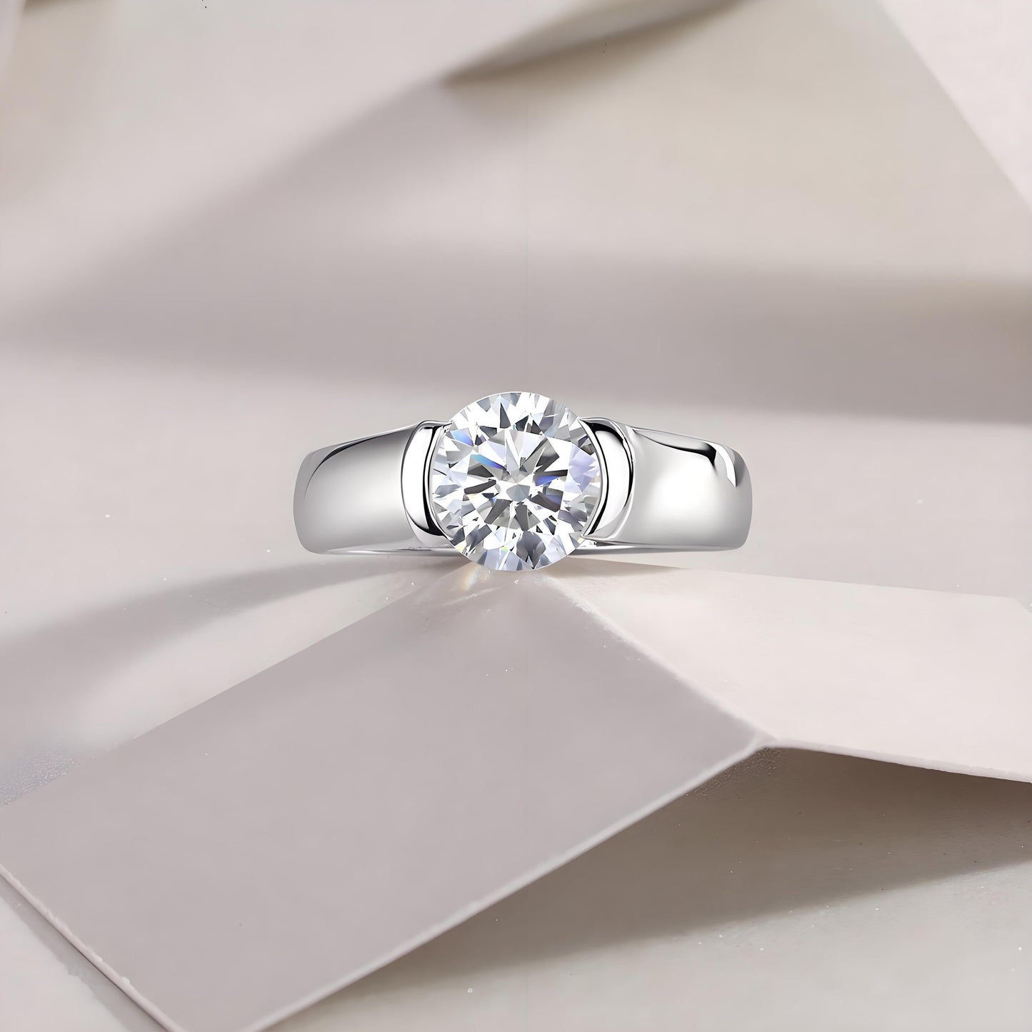 Solitaire Round Moissanite Half Bezel Engagement Ring (2ct. ) - La Pretti