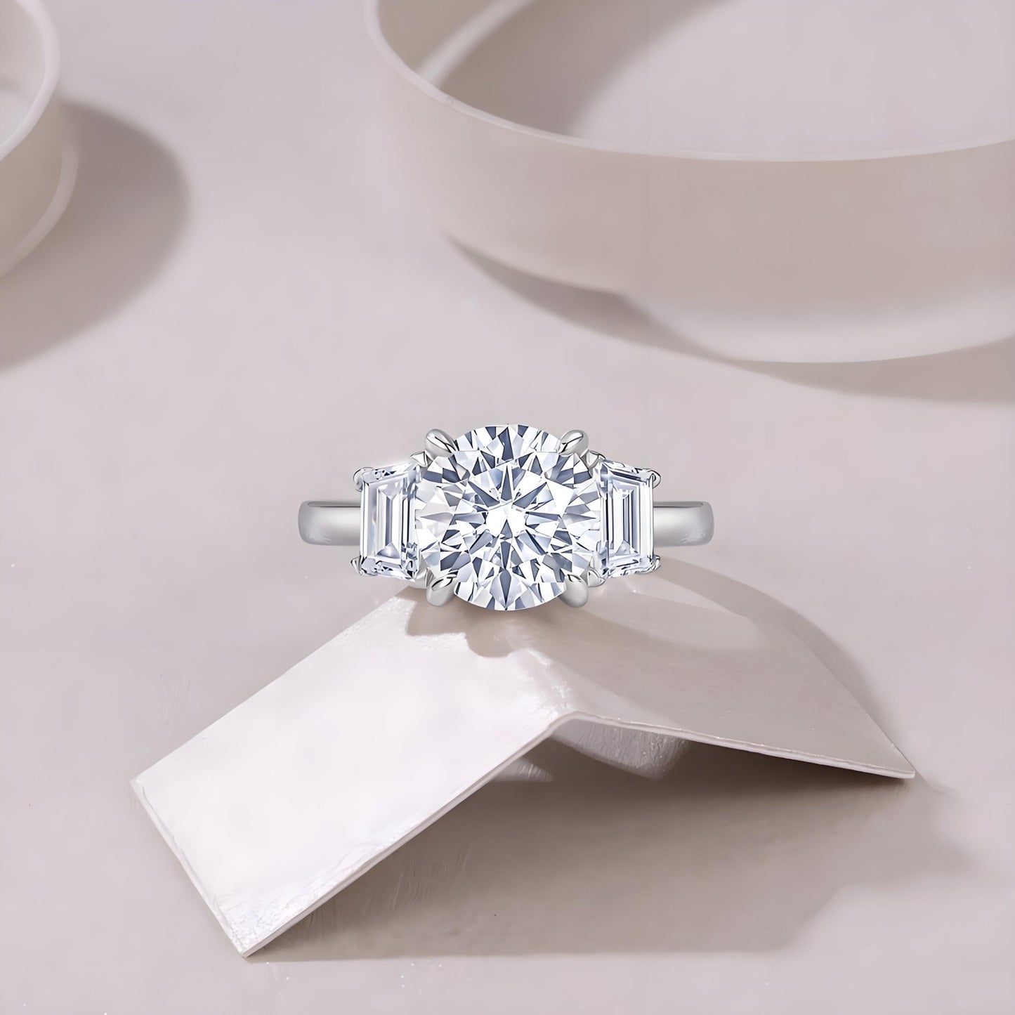 Round Moissanite Three Stone Engagement Ring with Trapezoid Step - cuts (3ct. ) - La Pretti
