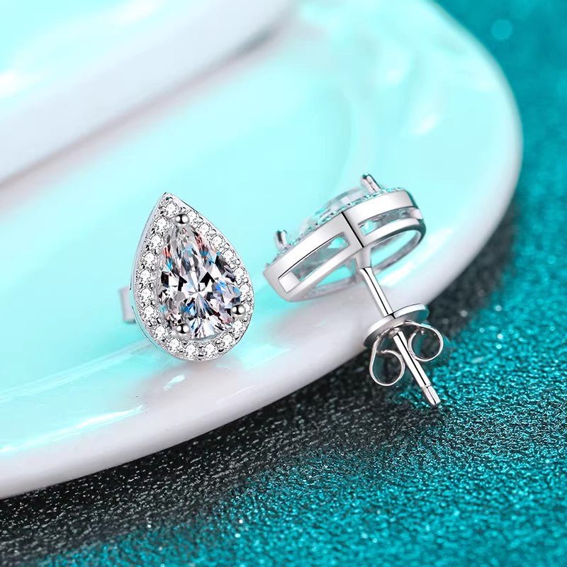 Teardrop Moissanite Pear Shaped Halo Stud Earrings 18K White Gold Plated Sterling Silver - La Pretti