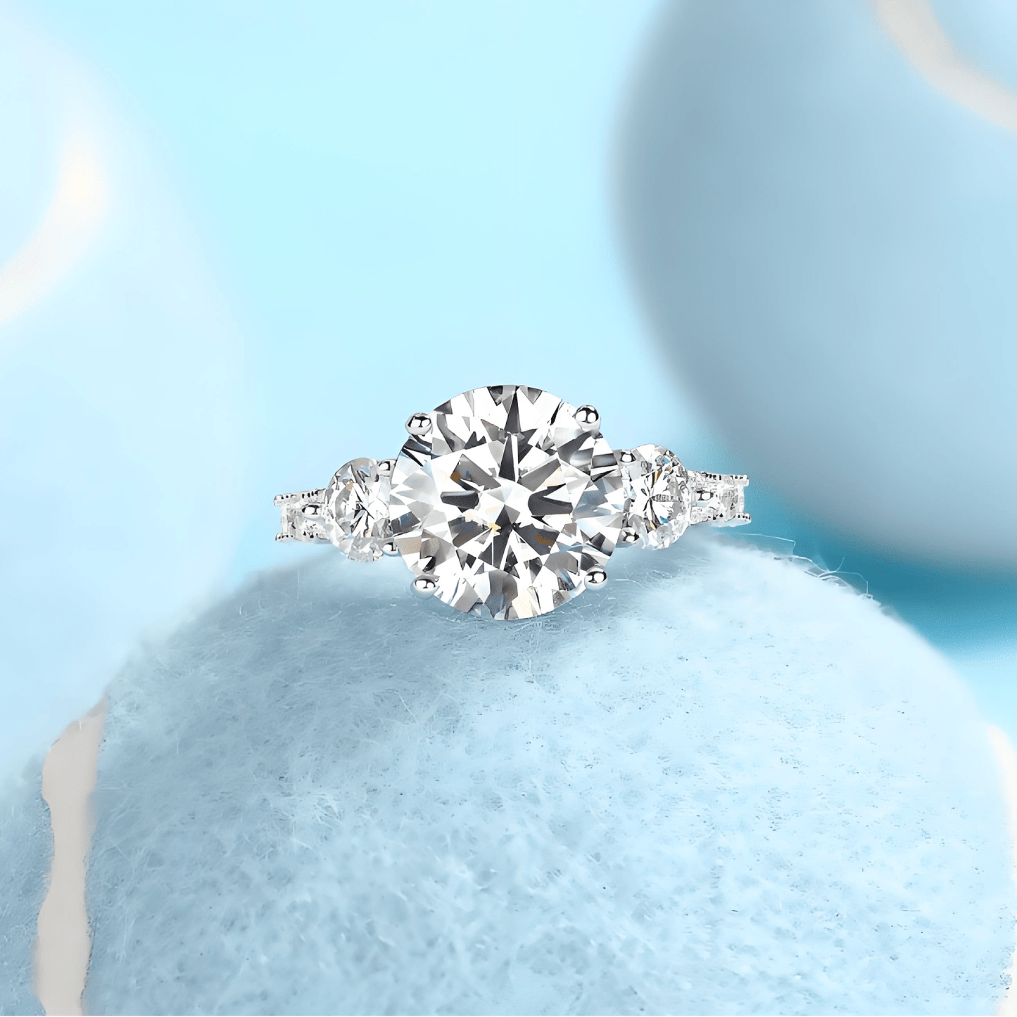 Trilogy Round Moissanite Three Stone Engagement Ring with Hidden Halo in Baskets Pave Setting (5ct. ) - La Pretti