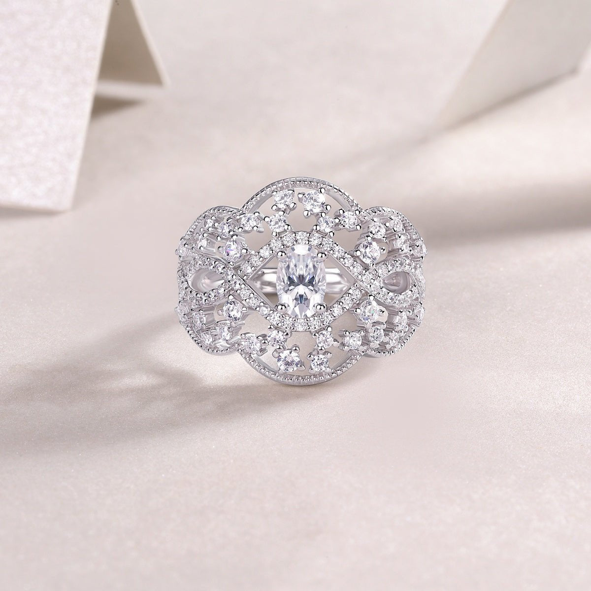 Vintage Filigree Moissanite Oval Cut Engagement Ring with Intricate Cluster Accented in Openwork Pave Setting (0.5ct. ) - La Pretti