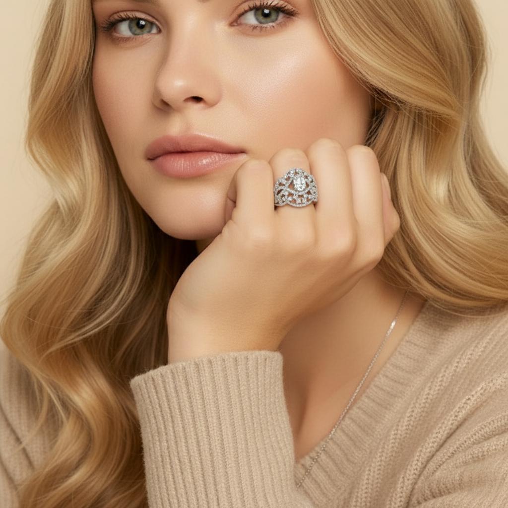 Vintage Filigree Moissanite Oval Cut Engagement Ring with Intricate Cluster Accented in Openwork Pave Setting (0.5ct. ) - La Pretti