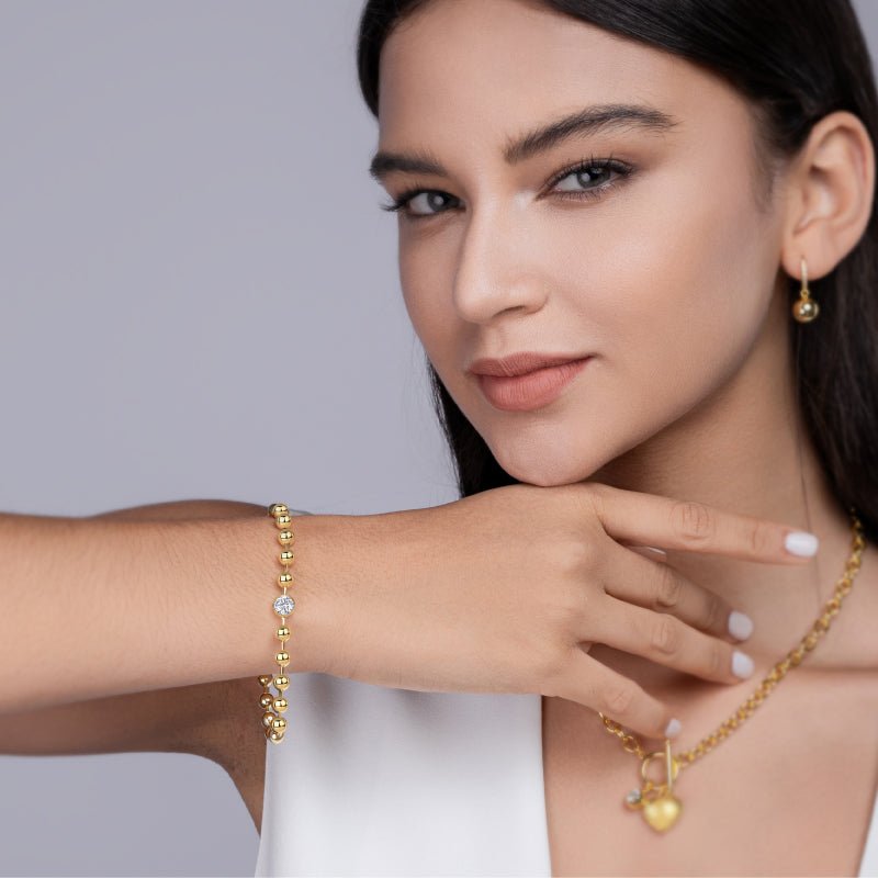 Golden Ball Chain Focal Bead of Moissanite Bracelet Round Bezel with Lobster Claw Clasp - La Pretti