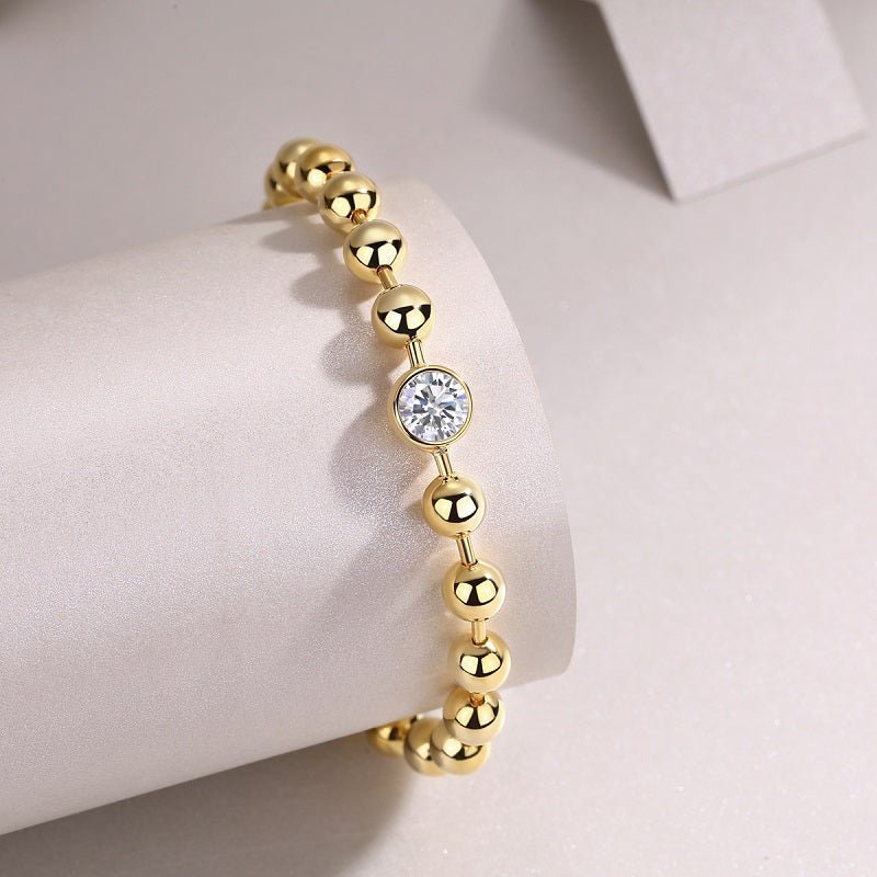 Golden Ball Chain Focal Bead of Moissanite Bracelet Round Bezel with Lobster Claw Clasp - La Pretti