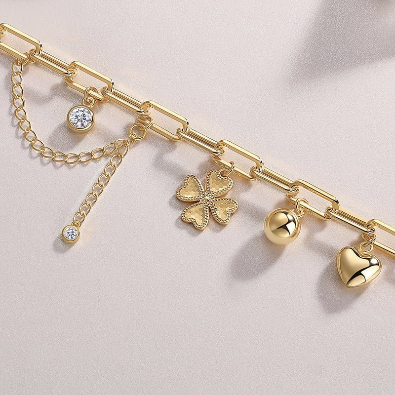 Golden Bracelet Paperclip Chain of Clover Puff Heart&Orb Charms with Moissanite Round Bezel Links - La Pretti