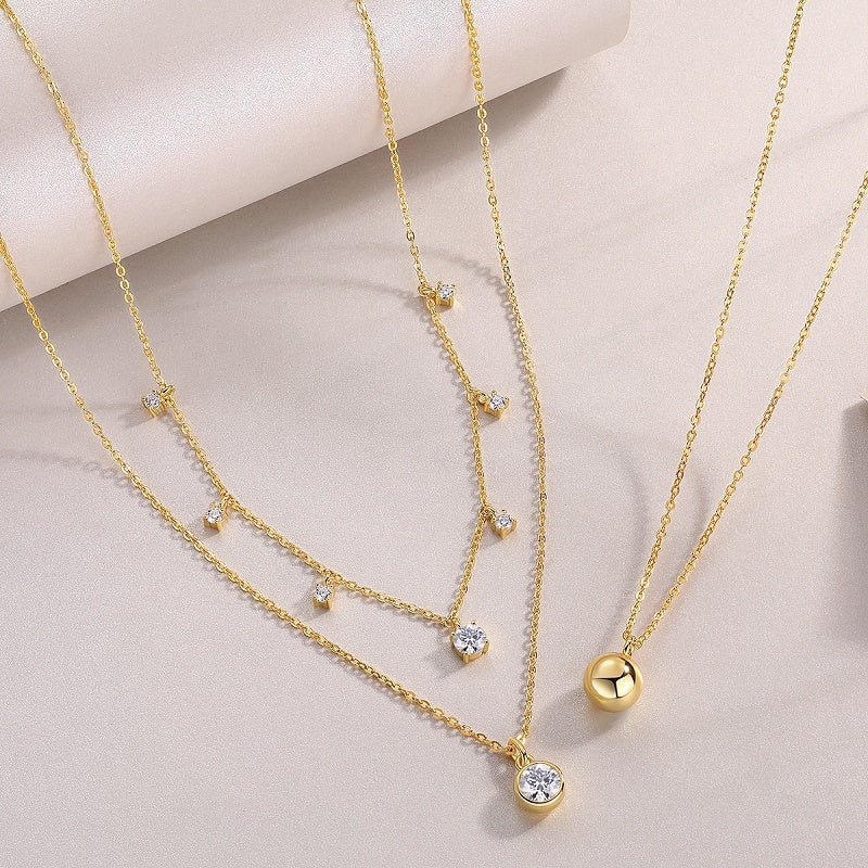 Trio Layered Moissanite Station Necklace of Round Bezel with Golden Ball Set (1ct. ) - La Pretti