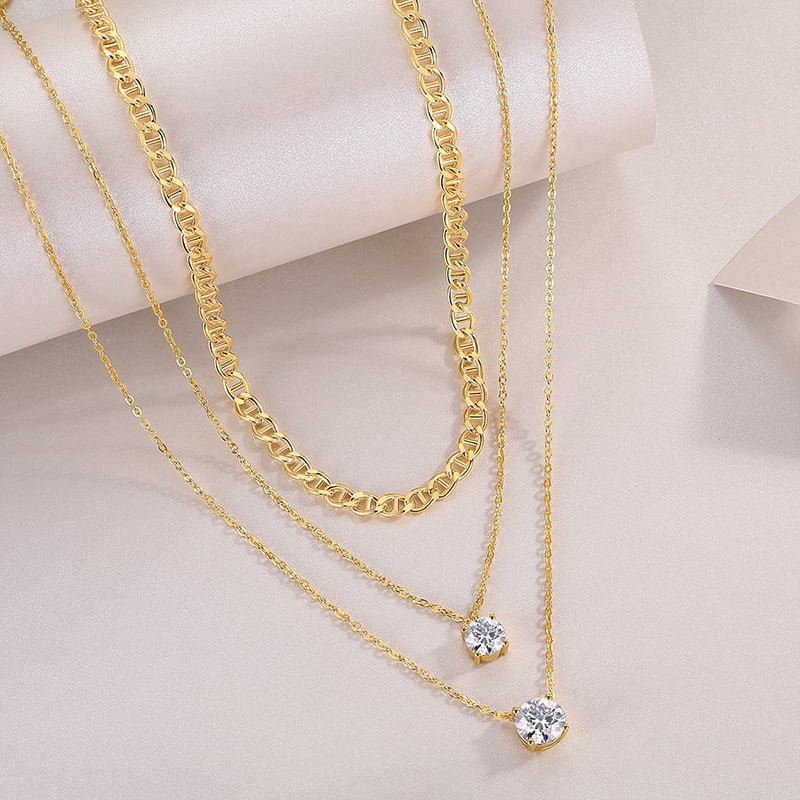 Golden Mariner Chain Double Moisssanite Layered Necklace with Anchor Chain Spooled Set (2ct. ) - La Pretti