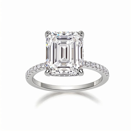 Emerald Cut Moissanite Solitaire Engagement Ring in Pave Setting (5ct. ) - La Pretti