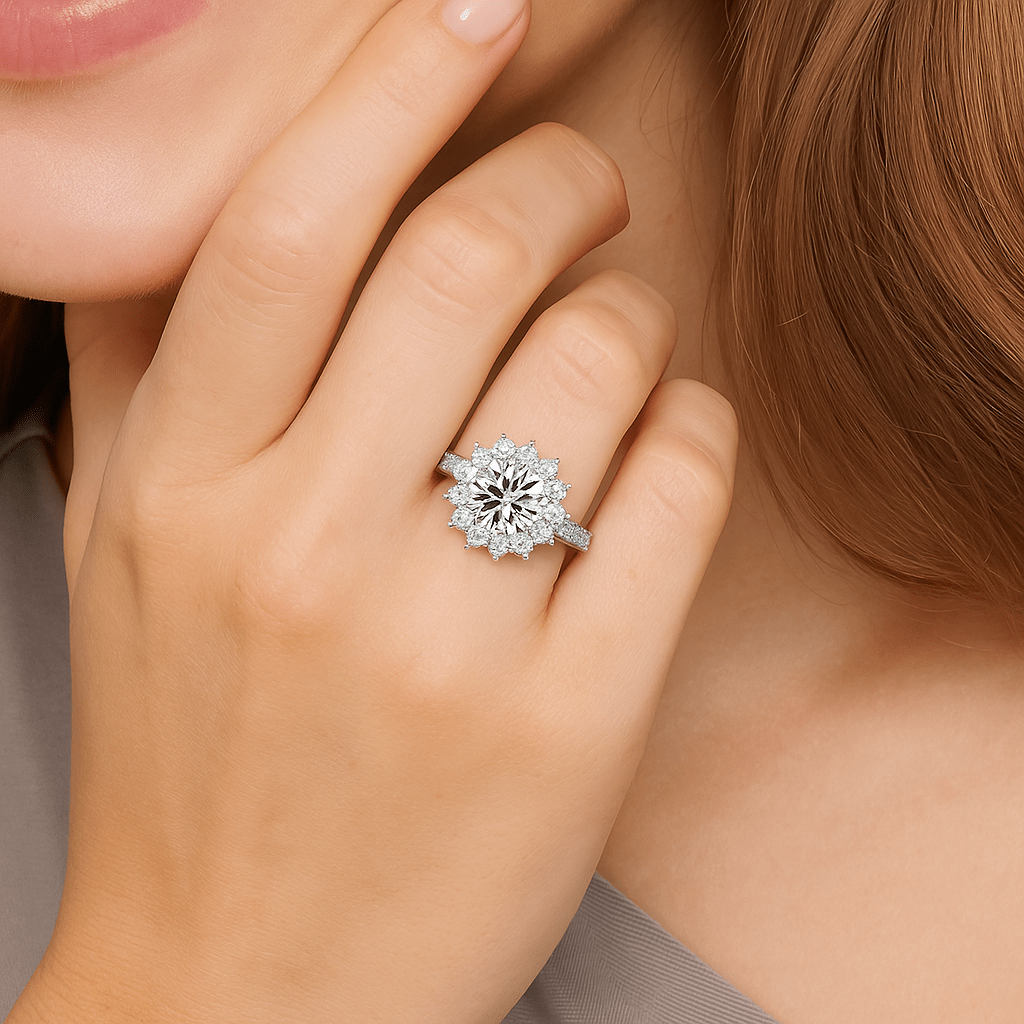 Moissanite Halo Engagement Ring of Sunburst Solitaire with Floral Cluster in Pave Setting (3ct. ) - La Pretti