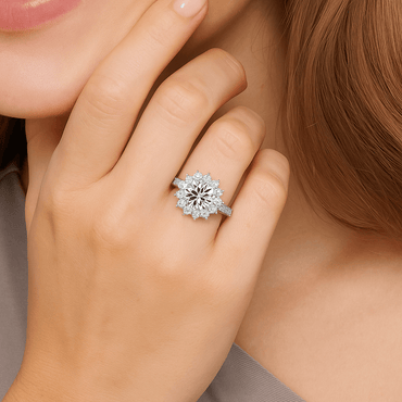 Moissanite Halo Engagement Ring of Sunburst Solitaire with Floral Cluster in Pave Setting (3ct. ) - La Pretti