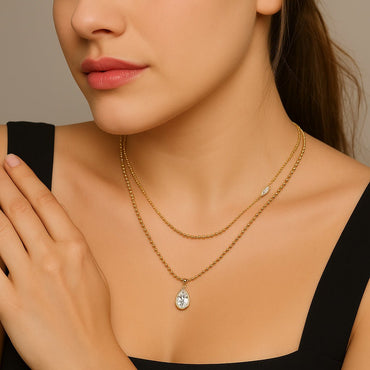 Golden Moissanite Layered Necklace of Beaded Chain with Focal Bezel Marquise Cut and Pear Shaped Pendant Set - La Pretti