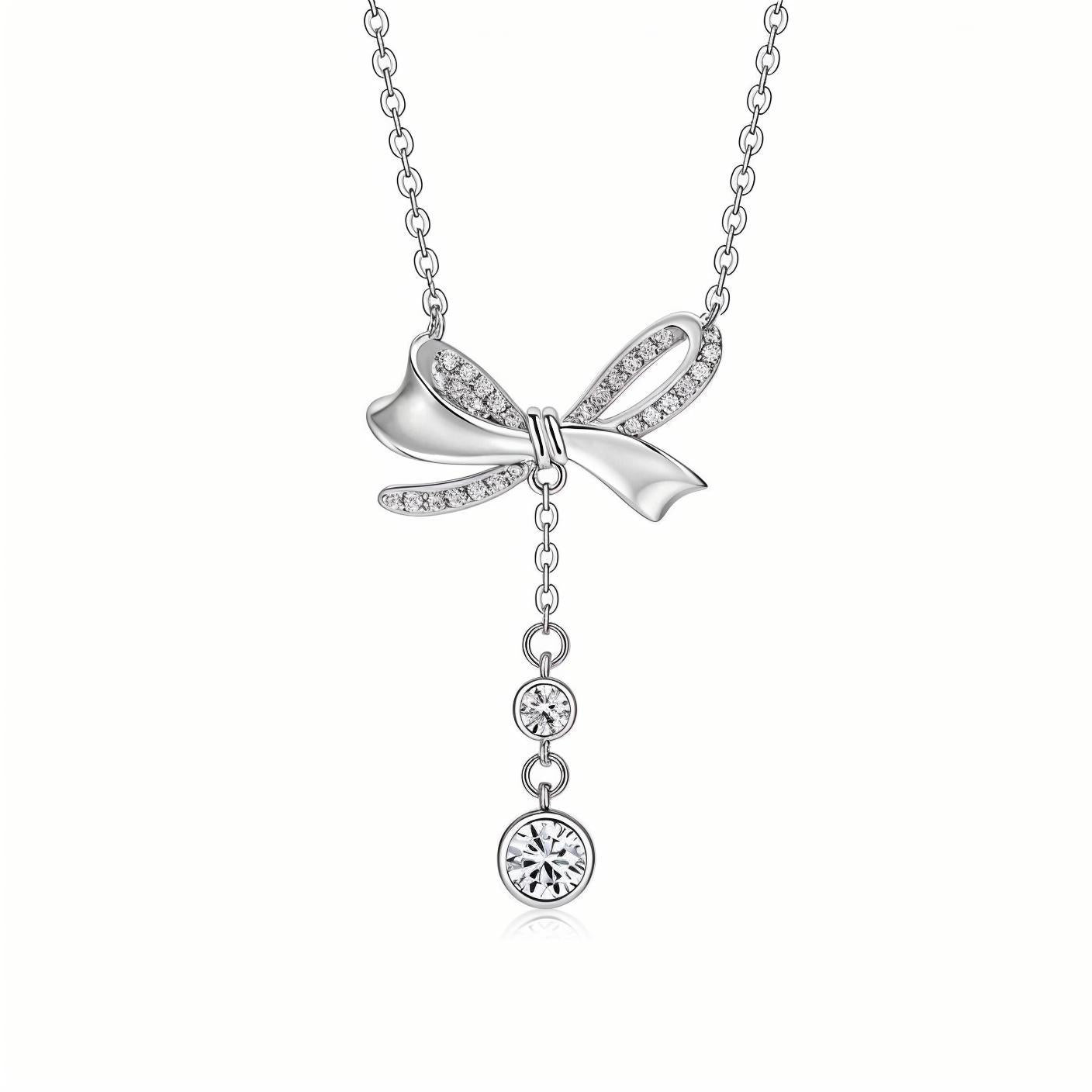 Bow Ribbon Moissanite Dangling Bezels Pendant Necklace in Pave Setting - La Pretti