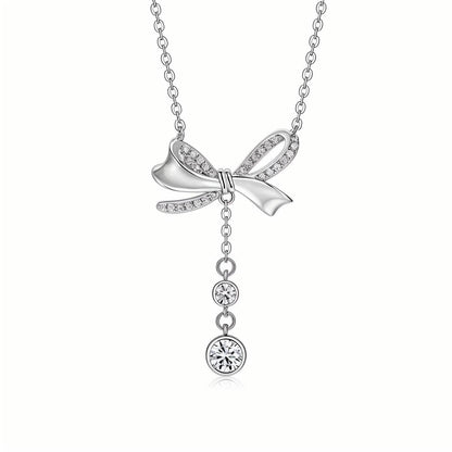 Bow Ribbon Moissanite Dangling Bezels Pendant Necklace in Pave Setting - La Pretti