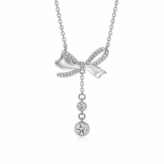 Bow Ribbon Moissanite Dangling Bezels Pendant Necklace in Pave Setting - La Pretti