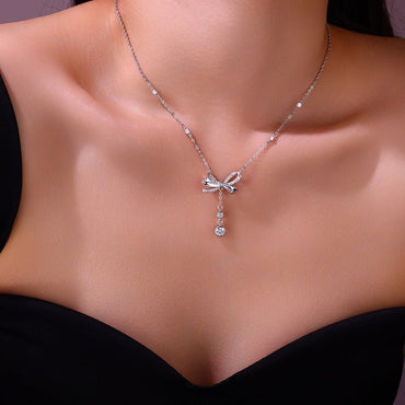 Bow Ribbon Moissanite Dangling Bezels Pendant Necklace in Pave Setting - La Pretti