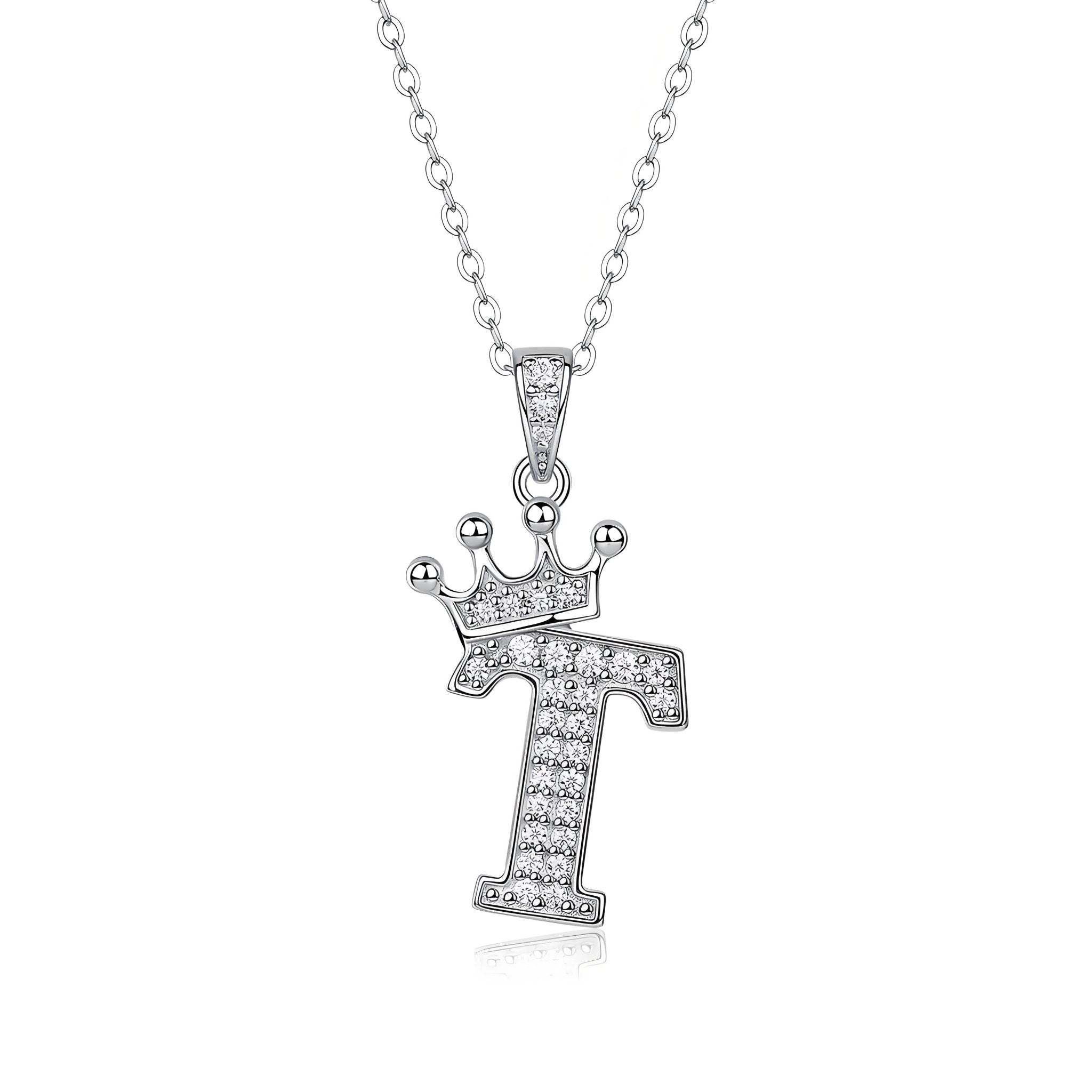 Crown Initial 'T' Letter Customized Moissanite Pendant Necklace of Tiara Alphabet with Halo Bail in 18K Gold Plated Sterling Silver - La Pretti