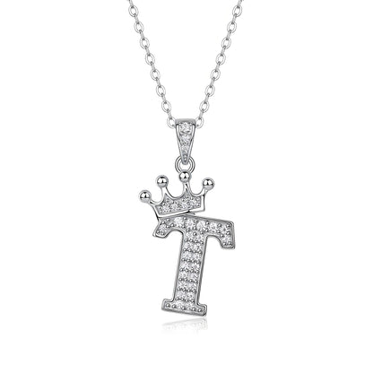 Crown Initial 'T' Letter Customized Moissanite Pendant Necklace of Tiara Alphabet with Halo Bail in 18K Gold Plated Sterling Silver - La Pretti