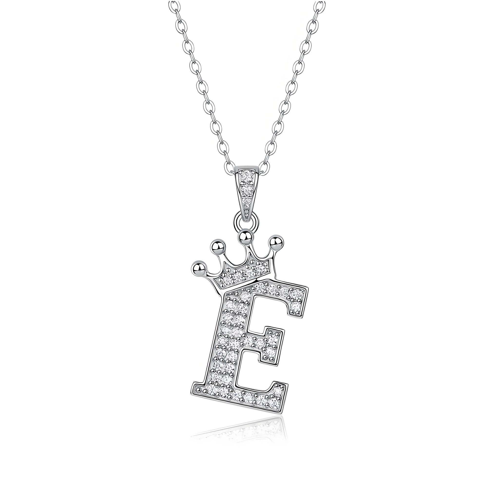 Crown Initial 'E' Letter Customized Moissanite Pendant Necklace of Tara Alphabet with Halo Bail in 18K Gold Plated Sterling Silver - La Pretti