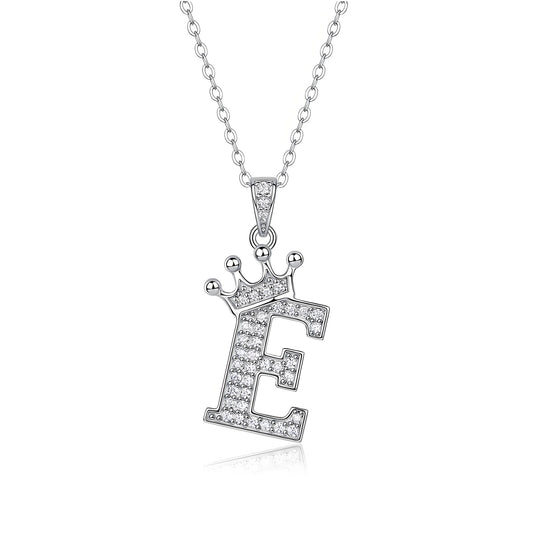 Crown Initial 'E' Letter Customized Moissanite Pendant Necklace of Tara Alphabet with Halo Bail in 18K Gold Plated Sterling Silver - La Pretti