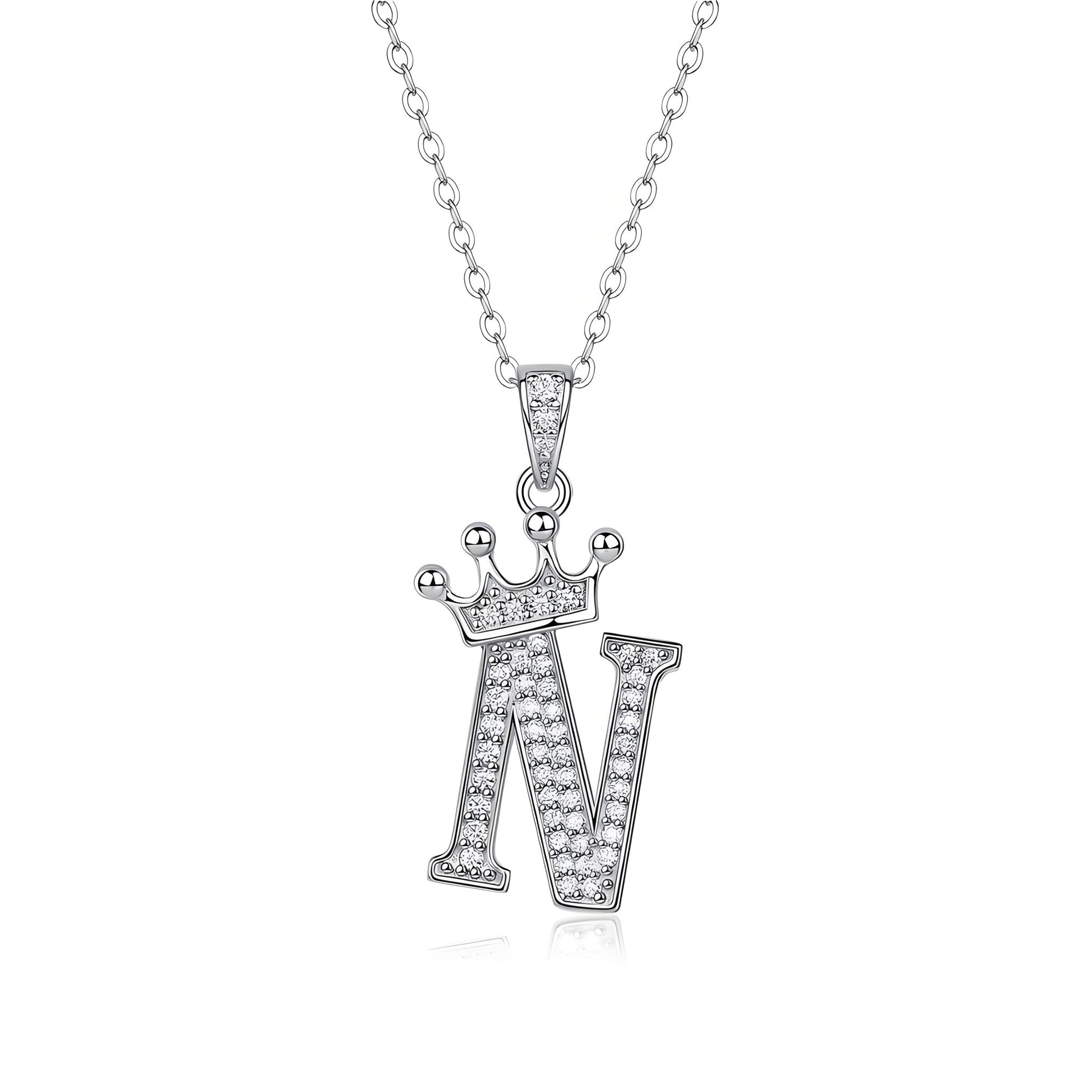 Crown Initial 'N' Letter Customized Moissanite Pendant Necklace of Tiara Alphabet with Halo Bail in 18K Gold Plated Sterling Silver - La Pretti